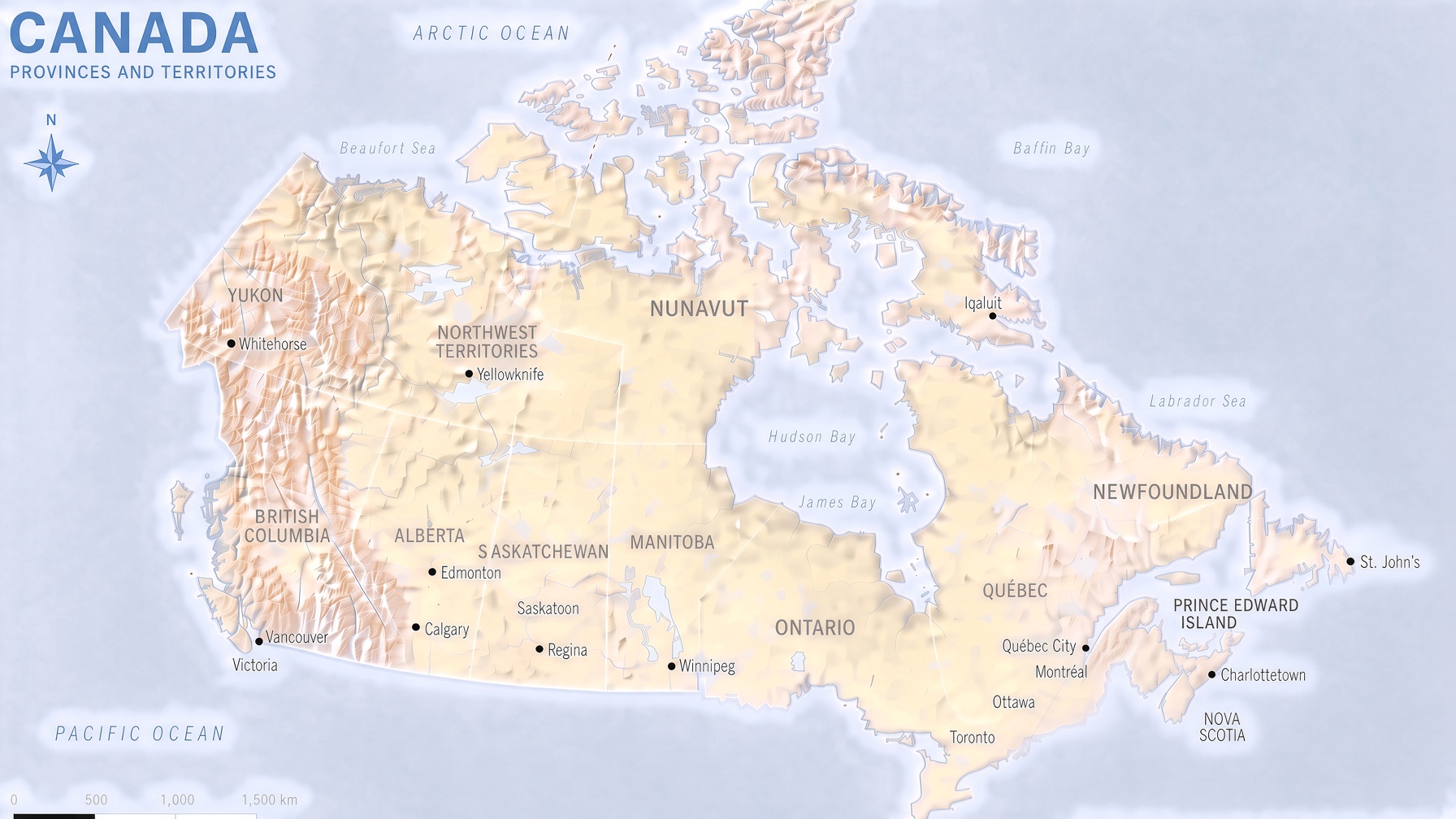 Relief map of Canada with provinces, territories and major cities